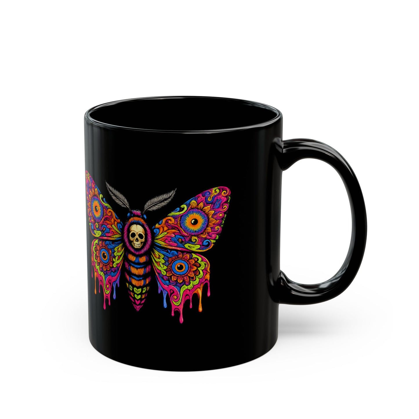 Psychedelic Moth Sugar Skull Mug — Day of the Dead Black Ceramic Coffee Cup