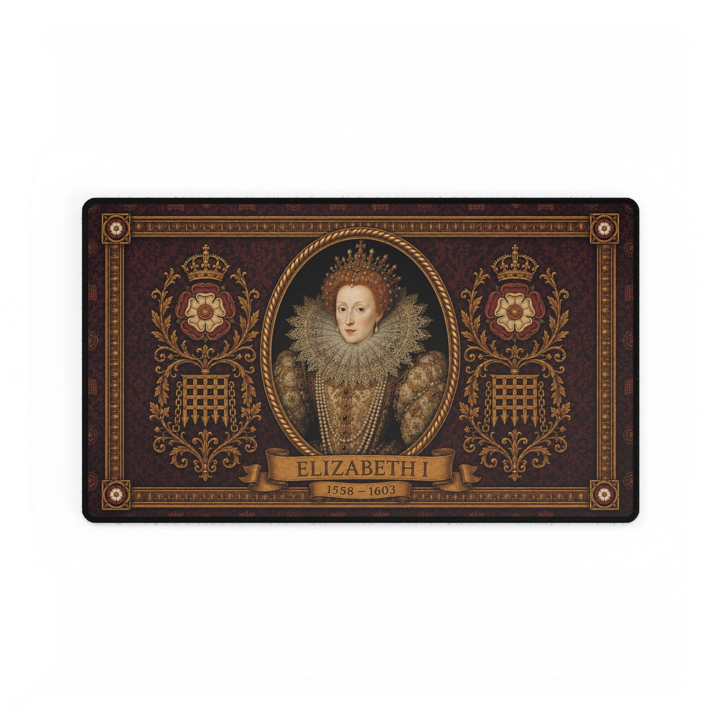 Elizabethan portrait print detail on the vintage desk mat