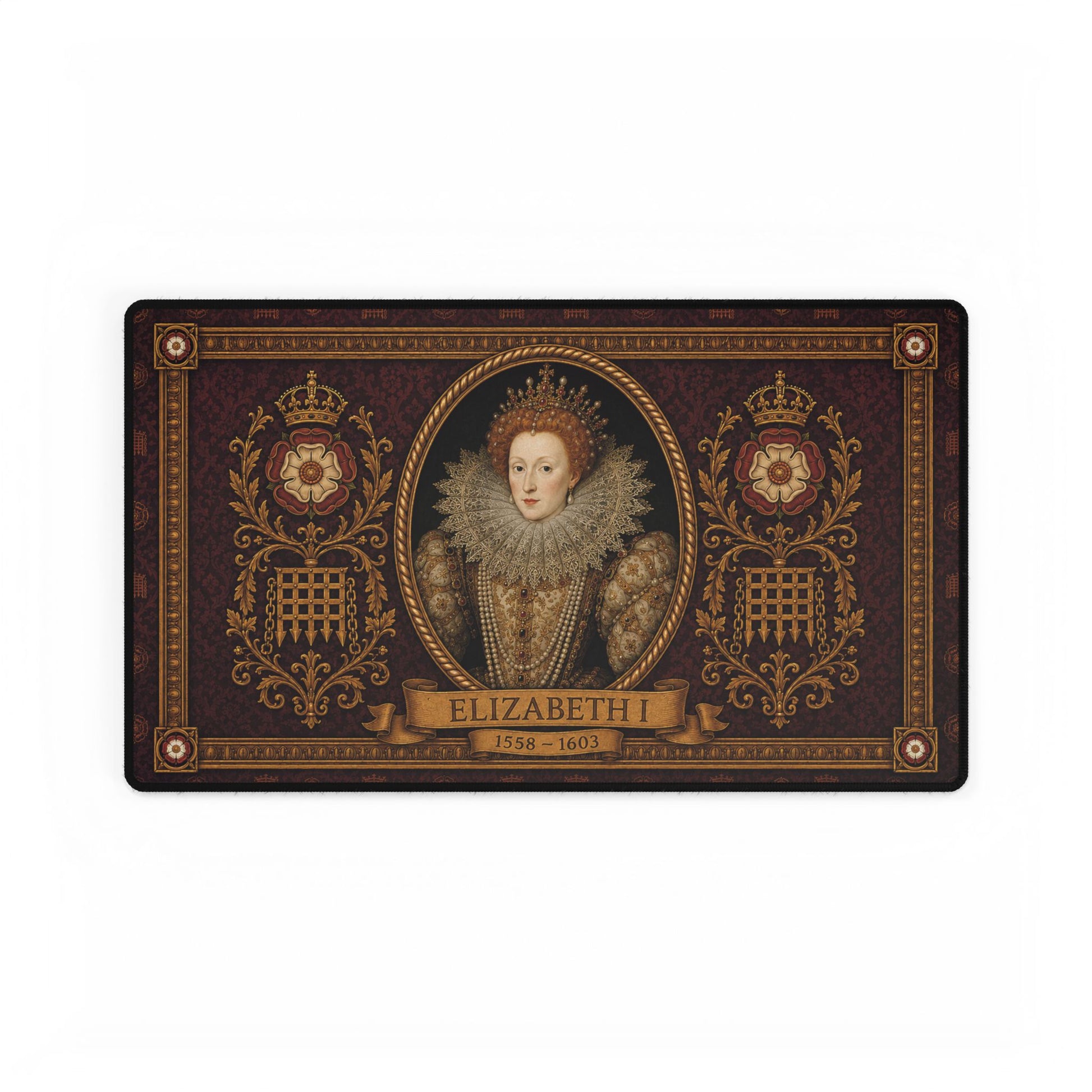 Elizabethan portrait print detail on the vintage desk mat