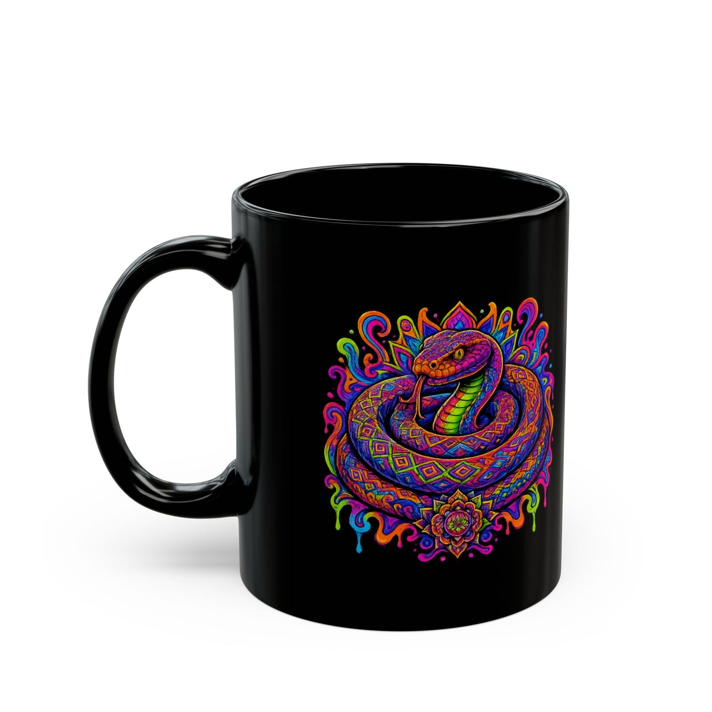 Psychedelic Rainbow Snake Mug — Trippy Serpent Black Ceramic Coffee Cup