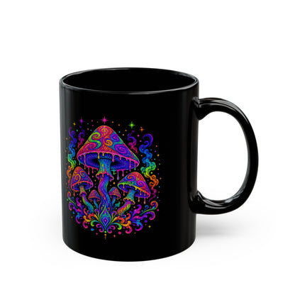 Psychedelic Rainbow Mushroom Mug — Trippy Black Ceramic Coffee Cup