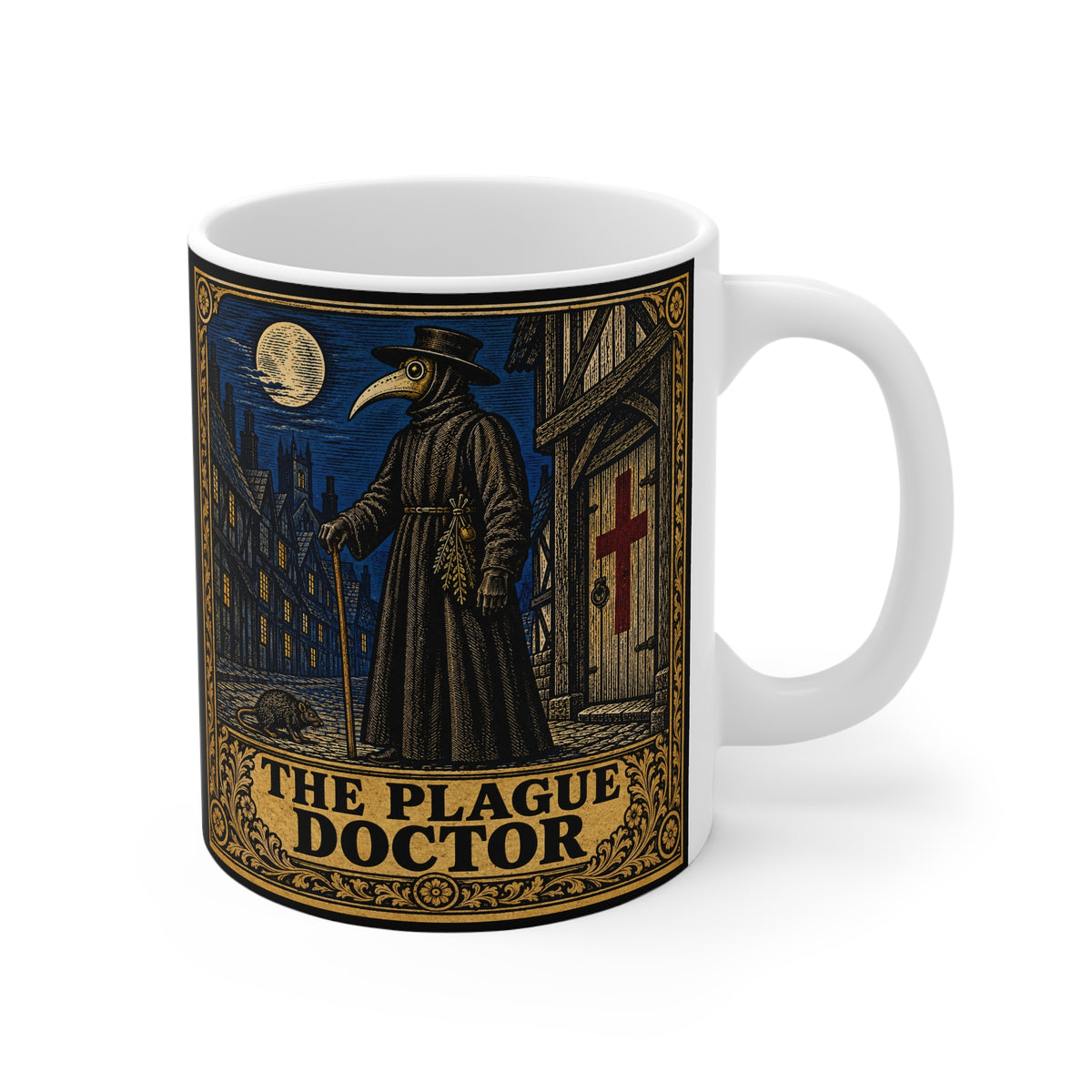 Beaked plague doctor woodcut on an 11oz white ceramic mug — the masked figure in a plague-struck medieval street under a full moon