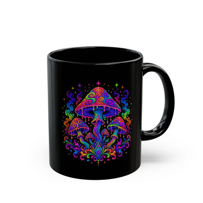 Psychedelic Rainbow Mushroom Mug — Trippy Black Ceramic Coffee Cup
