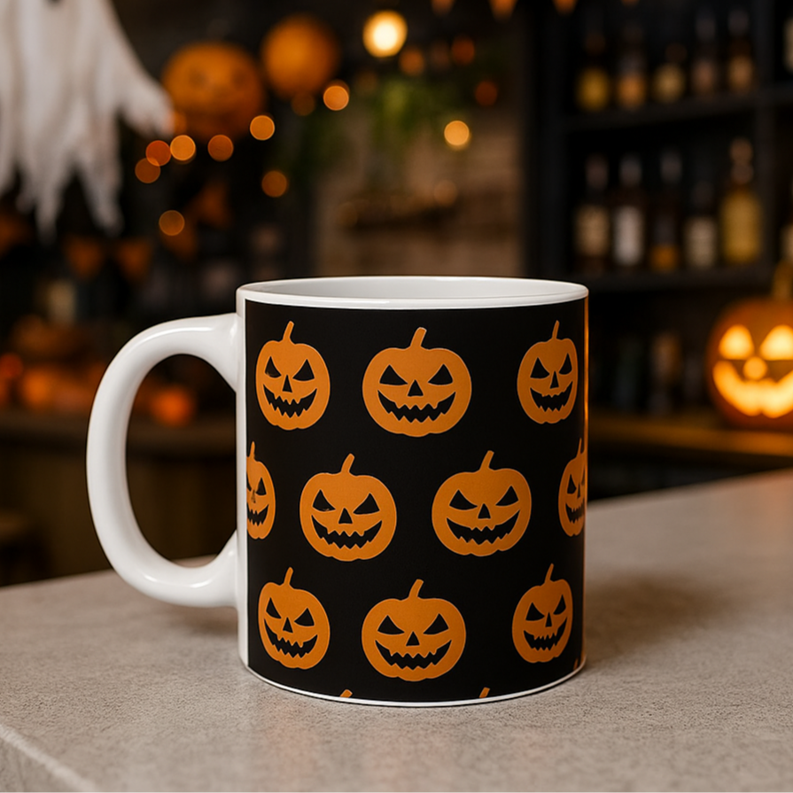 Black mug with orange pumpkin pattern on a bar counter with Halloween decorations.
