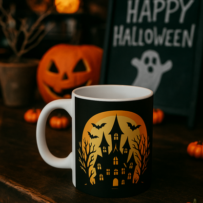 Halloween-themed mug with haunted house design, pumpkins, and 'Happy Halloween' sign in the background.