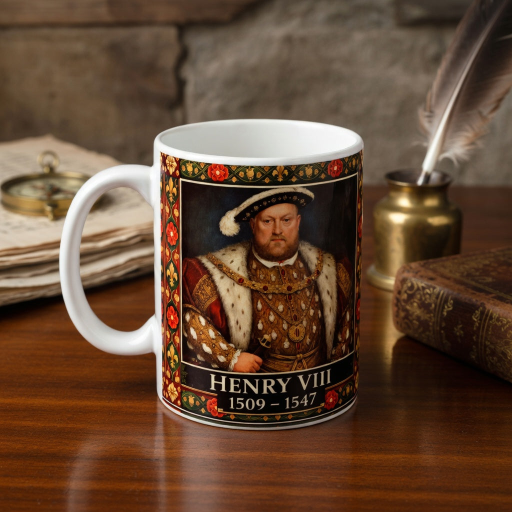 Henry VIII Portrait Mug with Tudor Pattern — Tudor History Gift