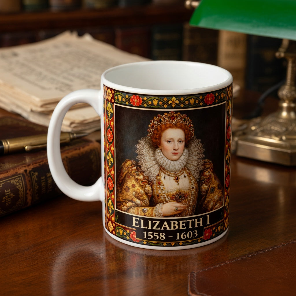 Elizabeth I Portrait Mug with Tudor Pattern — Tudor History Gift