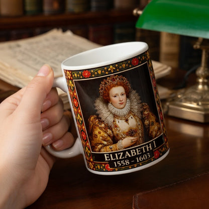 Elizabeth I Portrait Mug with Tudor Pattern — Tudor History Gift