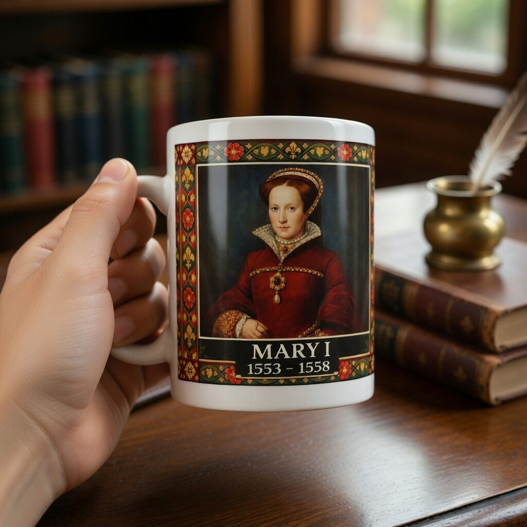Mary I Portrait Mug with Tudor Pattern — Tudor History Gift