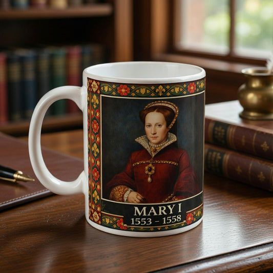 Mary I Portrait Mug with Tudor Pattern — Tudor History Gift