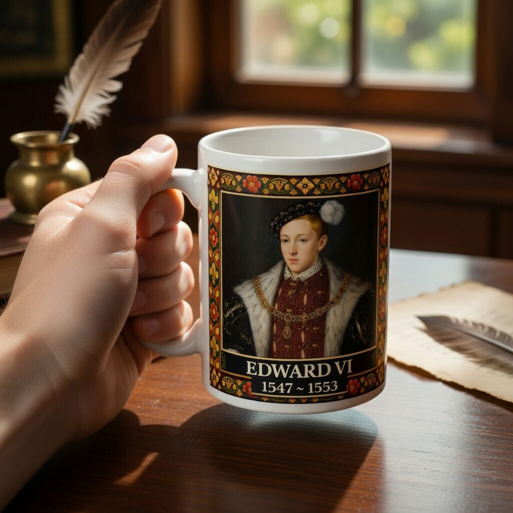 Edward VI Portrait Mug with Tudor Pattern — Tudor History Gift