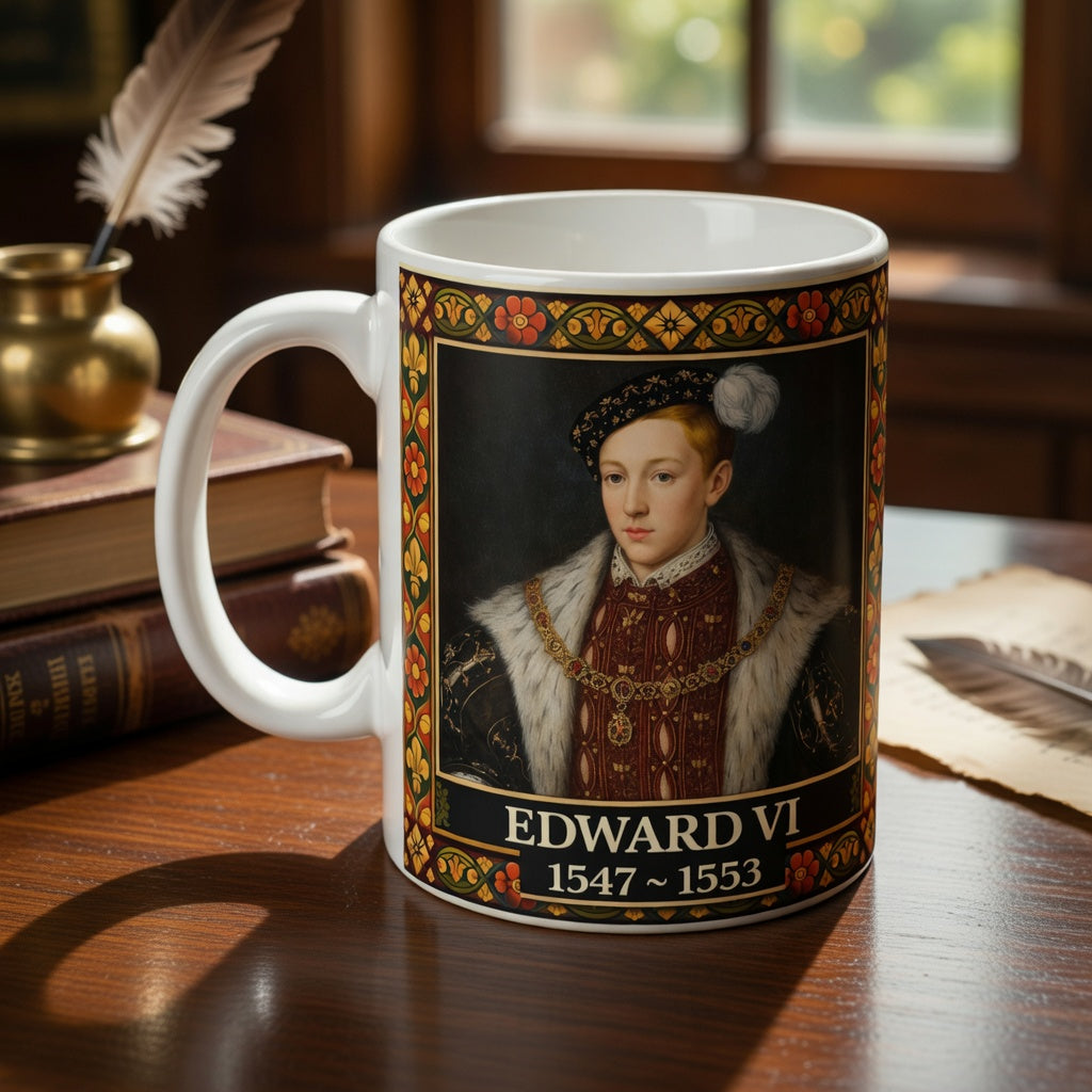 Edward VI Portrait Mug with Tudor Pattern — Tudor History Gift