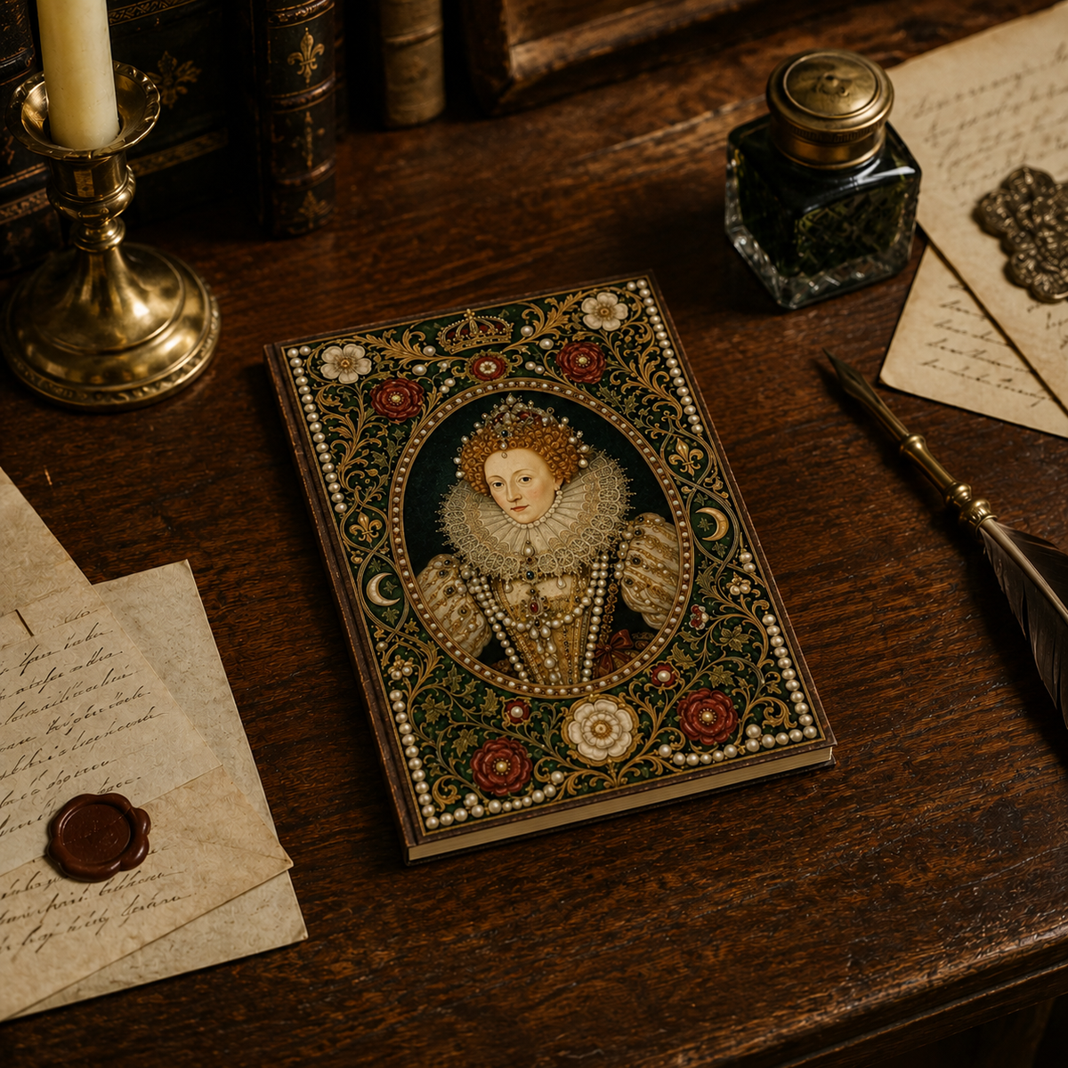 Elizabeth I journal on a desk with a candlestick, inkwell, wax seal and letters