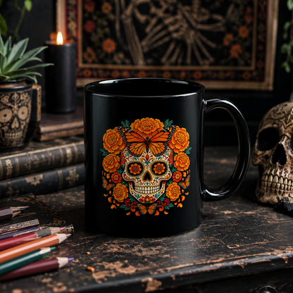 Marigold & Monarch Sugar Skull Mug — Day of the Dead Black Ceramic Coffee Cup
