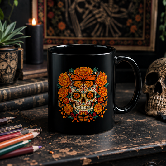 Sugar skull with marigolds and a monarch butterfly in Day of the Dead style on a black ceramic mug
