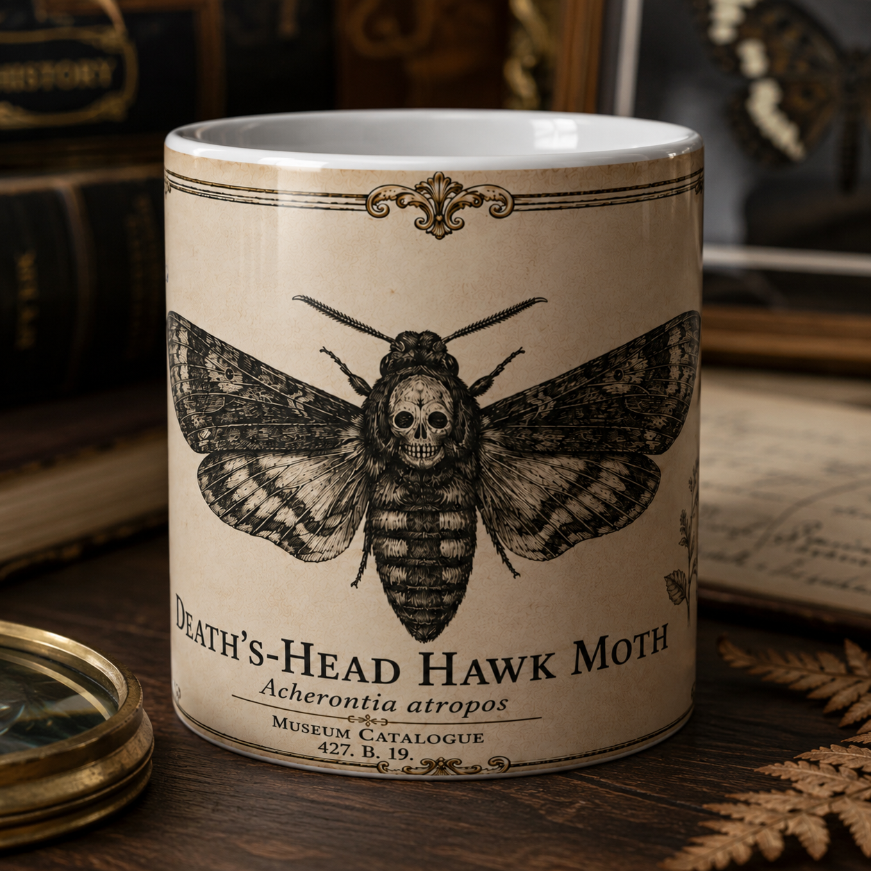 Death's-Head Hawk Moth vintage illustration mug — 11oz white ceramic, detail view