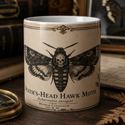 Death's-Head Hawk Moth vintage illustration mug — 11oz white ceramic, detail view