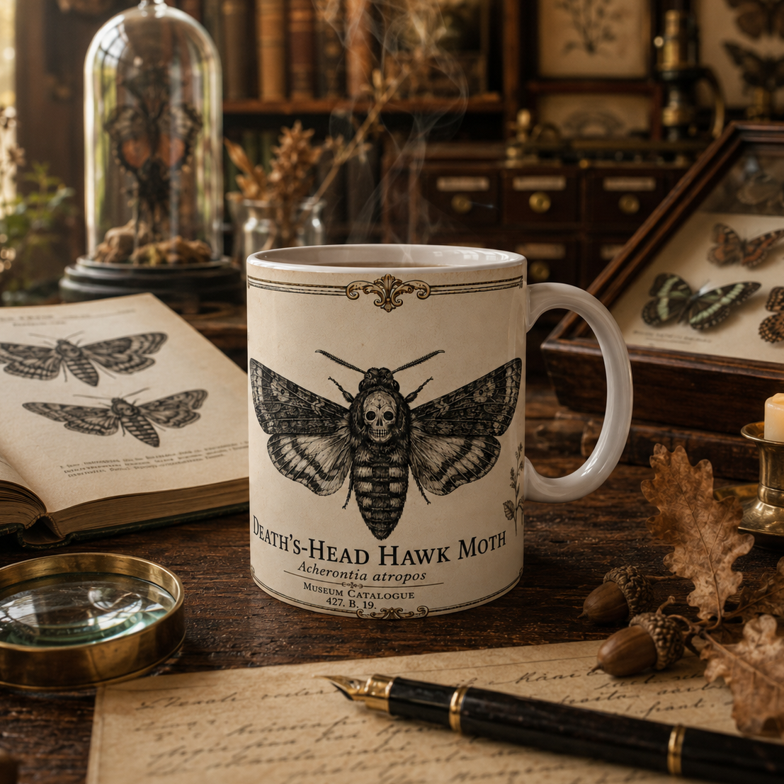 Vintage entomology illustration of a Death's-Head Hawk Moth (Acherontia atropos) on an 11oz white ceramic mug, handle view