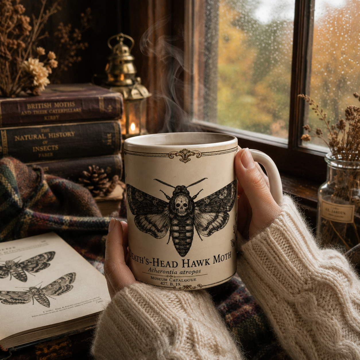 Death's-Head Hawk Moth natural history illustration with botanical border and aged parchment tones