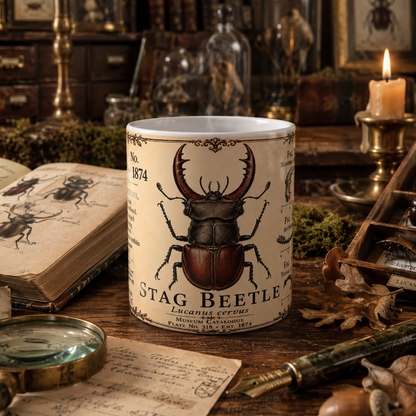 Vintage entomology illustration of a stag beetle (Lucanus cervus) with antler-like mandibles, printed on an 11oz white ceramic mug