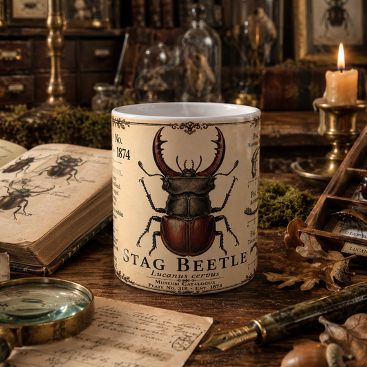 Vintage entomology illustration of a stag beetle (Lucanus cervus) with antler-like mandibles, printed on an 11oz white ceramic mug
