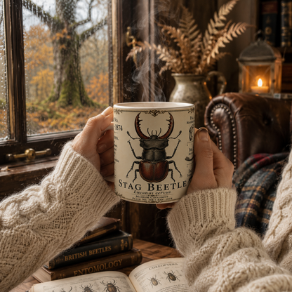 Stag beetle vintage specimen mug — 11oz white ceramic, alternative view