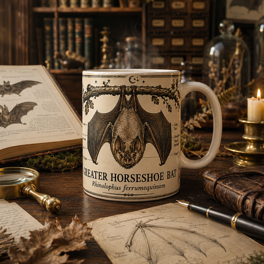 A ceramic mug featuring a detailed illustration of a Greater Horseshoe Bat with its scientific name printed below, styled on a dark wooden desk with gothic and vintage props including an open book, magnifying glass, leather journal, and a lit candle.