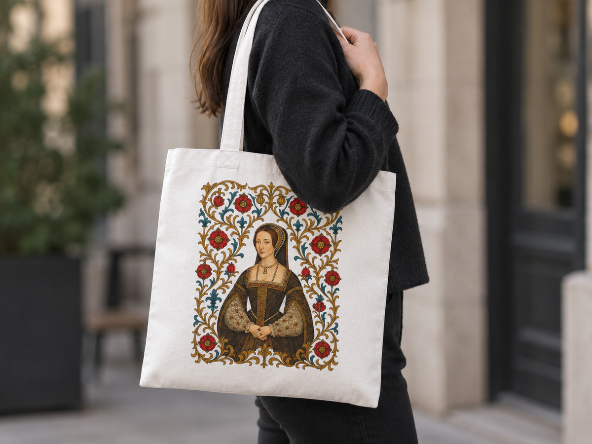 Anne Boleyn tote bag in use as an everyday shopping bag