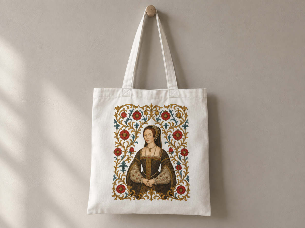 Anne Boleyn Tudor tote bag held by hand
