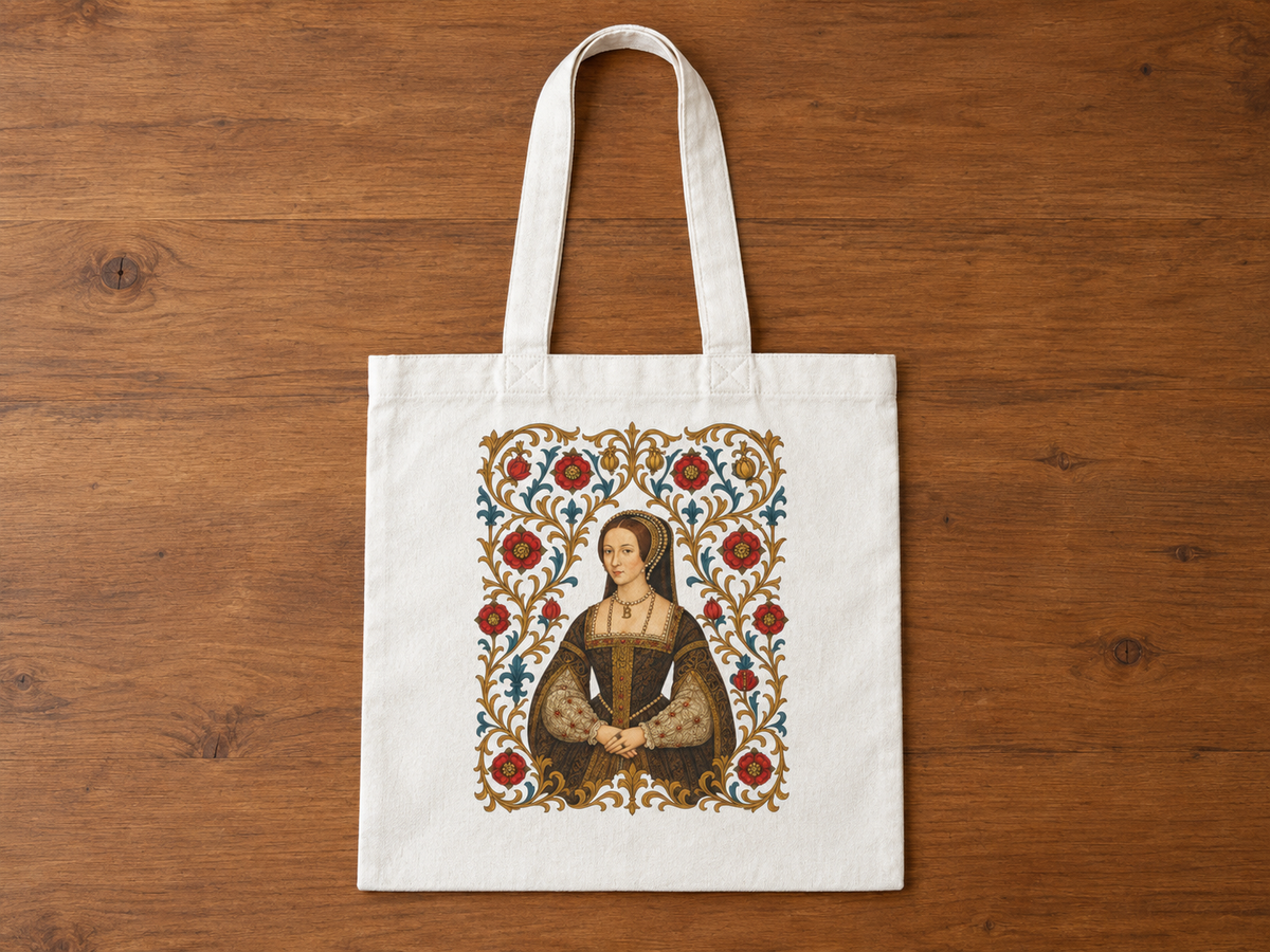 Anne Boleyn tote bag with gilded vine work and Tudor roses