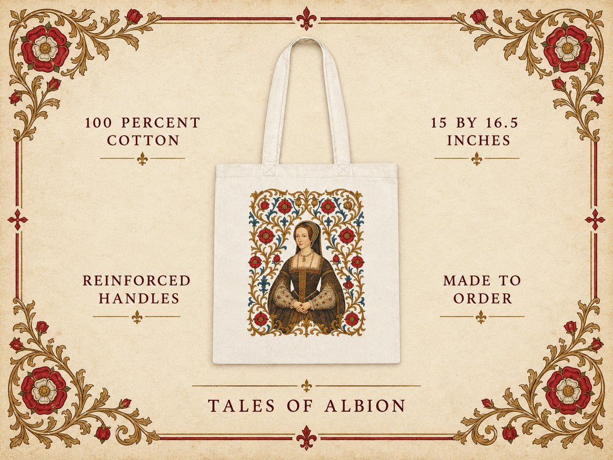 Illuminated Tudor portrait print detail on the Anne Boleyn tote