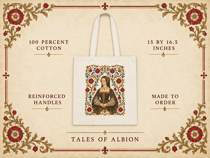 Illuminated Tudor portrait print detail on the Anne Boleyn tote