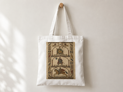 1066 tote bag with tapestry-style Norman Conquest design on cotton