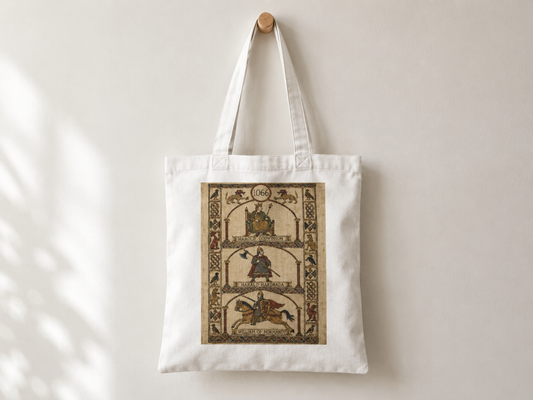 1066 tote bag with tapestry-style Norman Conquest design on cotton