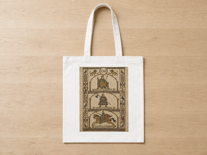 Norman Conquest tote bag design detail, parchment tones and chronicler's border