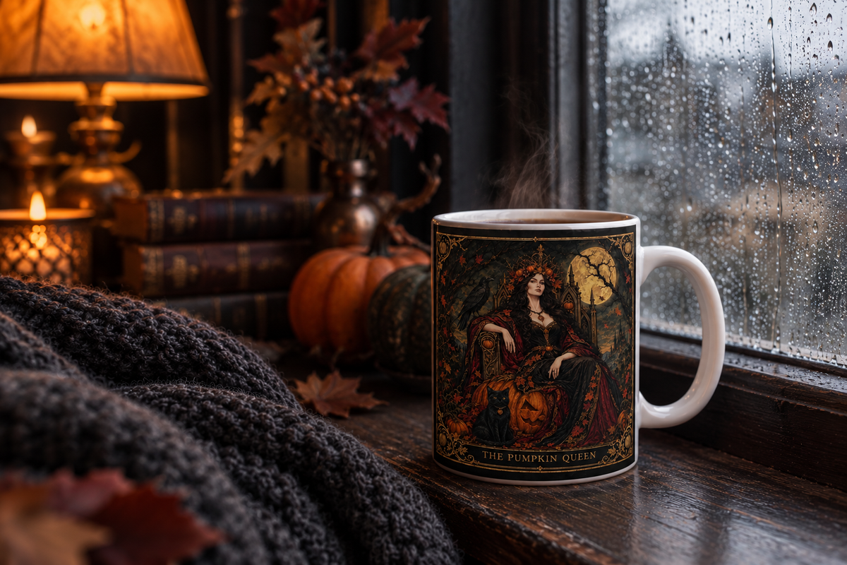 The Pumpkin Queen title banner and gold tarot-card border wrapping an 11oz ceramic Halloween mug