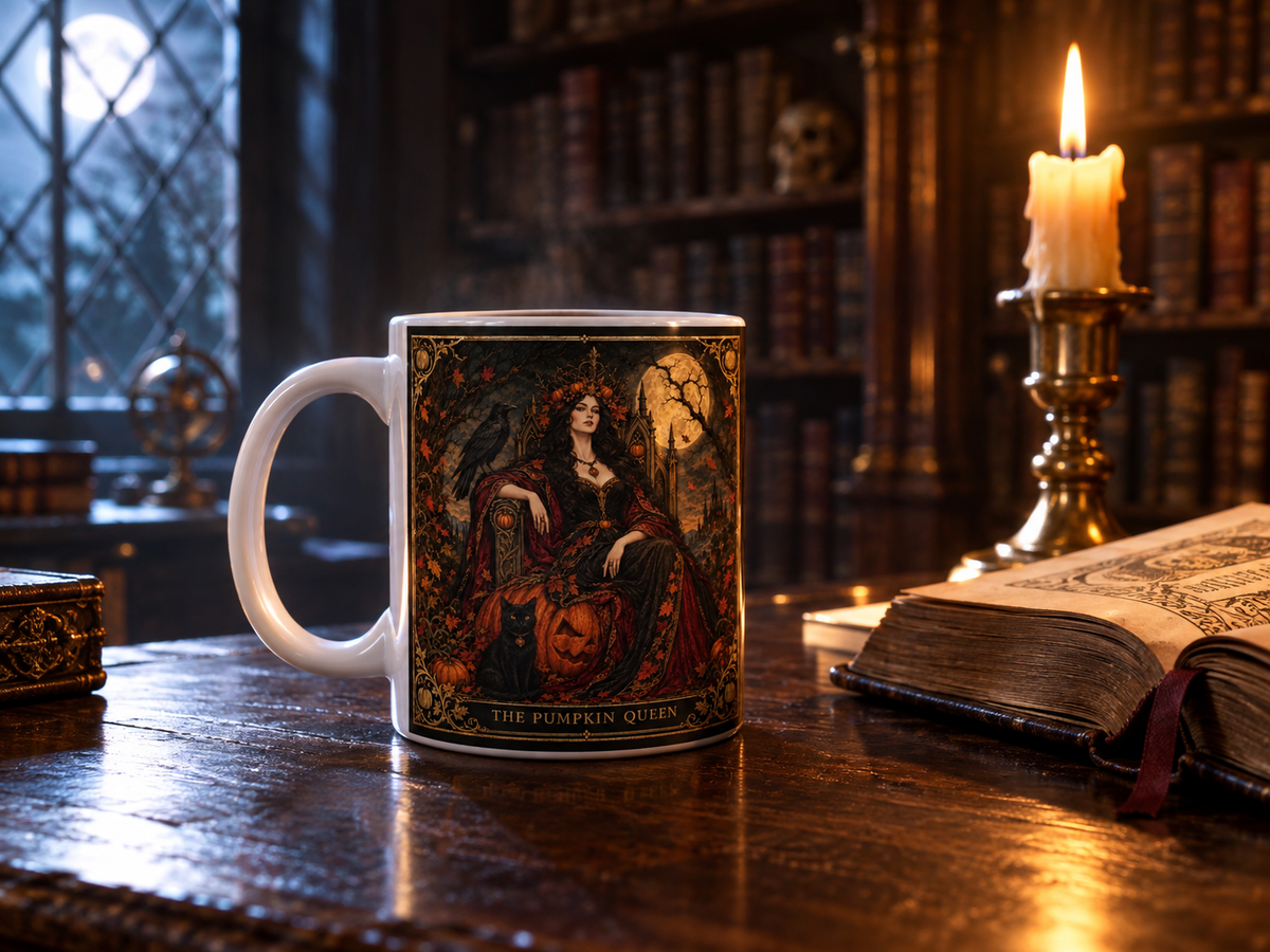 Harvest moon and gothic ruins behind the Pumpkin Queen on a dark Halloween coffee mug