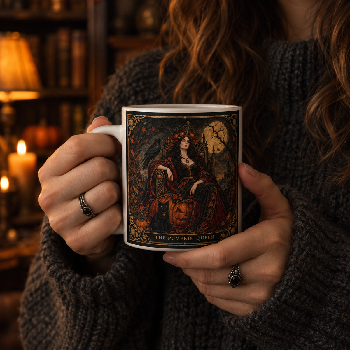 Wraparound view of the Pumpkin Queen gothic tarot illustration on an 11oz ceramic mug