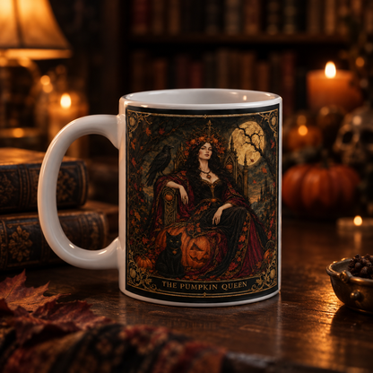 Detail of the Pumpkin Queen's pumpkin crown, red cloak and autumn leaf border on a witchy Halloween mug