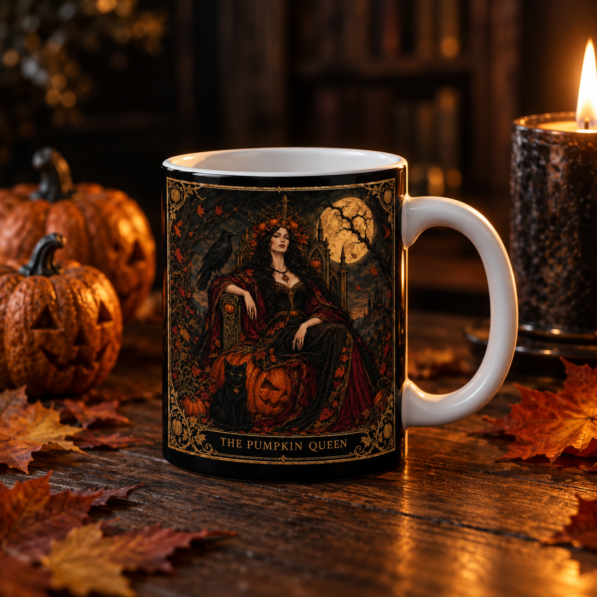 The Pumpkin Queen Halloween mug — an 11oz ceramic mug with dark gothic tarot artwork and an antique gold border