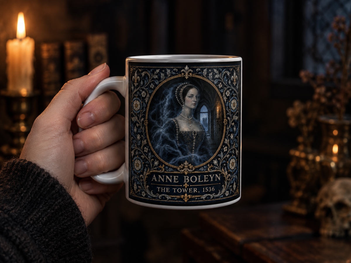 Anne Boleyn ghost mug — an 11oz white ceramic mug with a dark gothic Tudor portrait and ornate filigree border