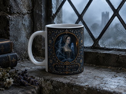 Haunted Tudor Halloween mug showing the ghost of Anne Boleyn in deep midnight blue and antique gold