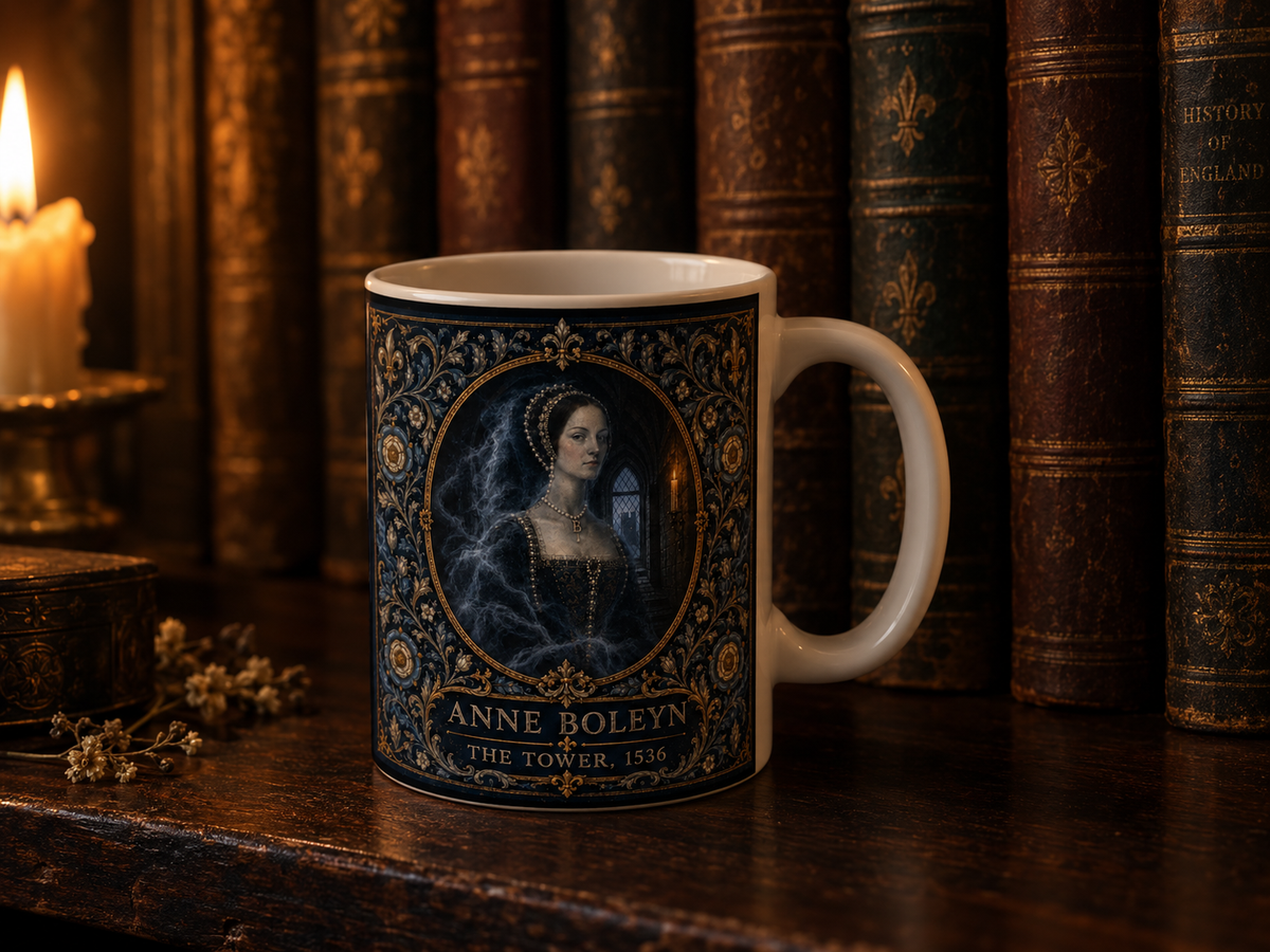 Wraparound view of the Anne Boleyn ghost design, with blue and silver Tudor rose borders circling an 11oz ceramic mug