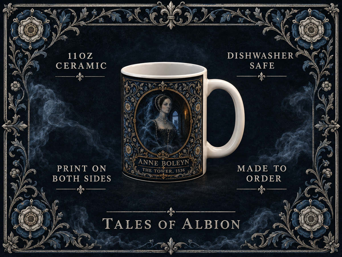 Detail of Anne Boleyn's pearl B necklace and jewelled Tudor gown on a gothic ghost portrait mug