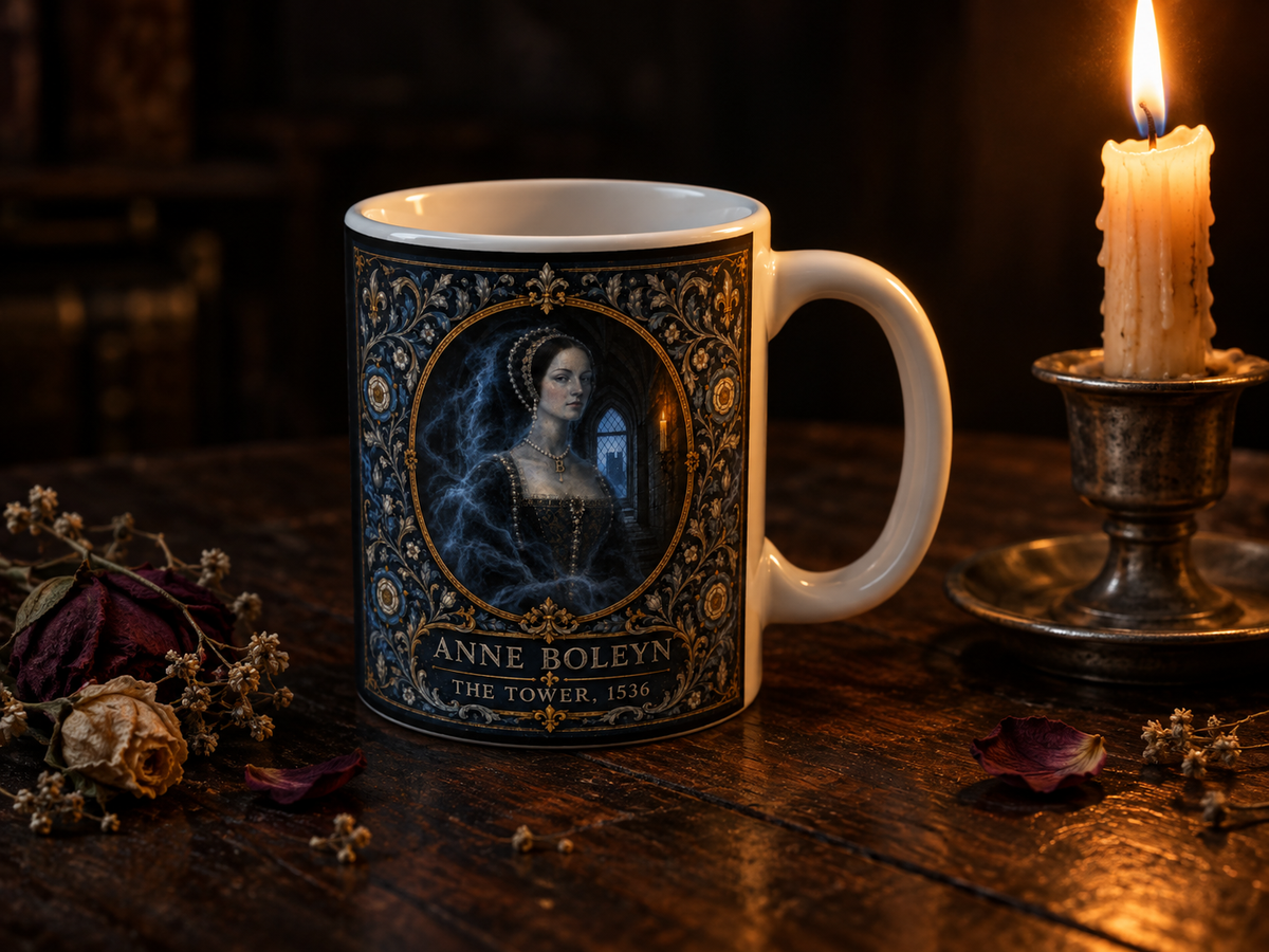 The Anne Boleyn ghost mug title banner reading The Tower 1536, set in an ornate Tudor border