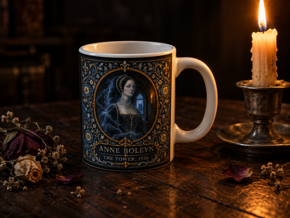 The Anne Boleyn ghost mug title banner reading The Tower 1536, set in an ornate Tudor border