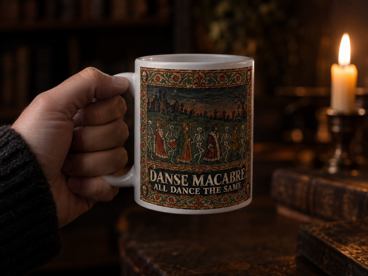 Danse Macabre Halloween mug — an 11oz white ceramic mug with antique woodcut dance of death artwork
