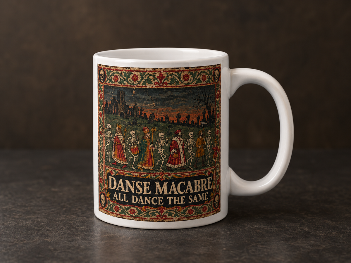 Close view of skeletal dancers and ruined stonework on the Danse Macabre memento mori mug