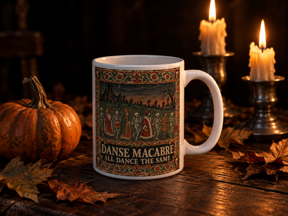Gothic medieval skeleton mug — vintage woodcut artwork on an 11oz white ceramic coffee cup
