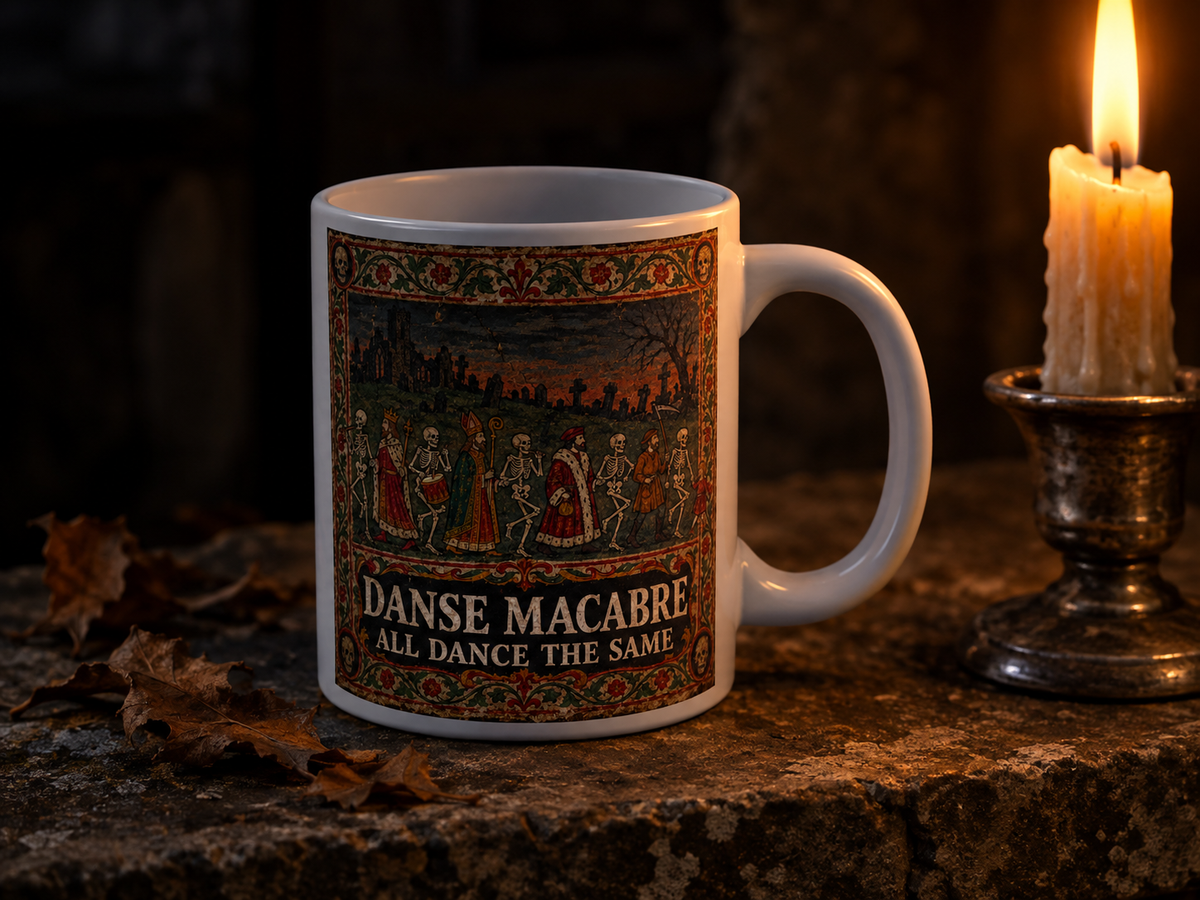 Danse Macabre mug title banner reading All Dance The Same beneath the skeleton procession